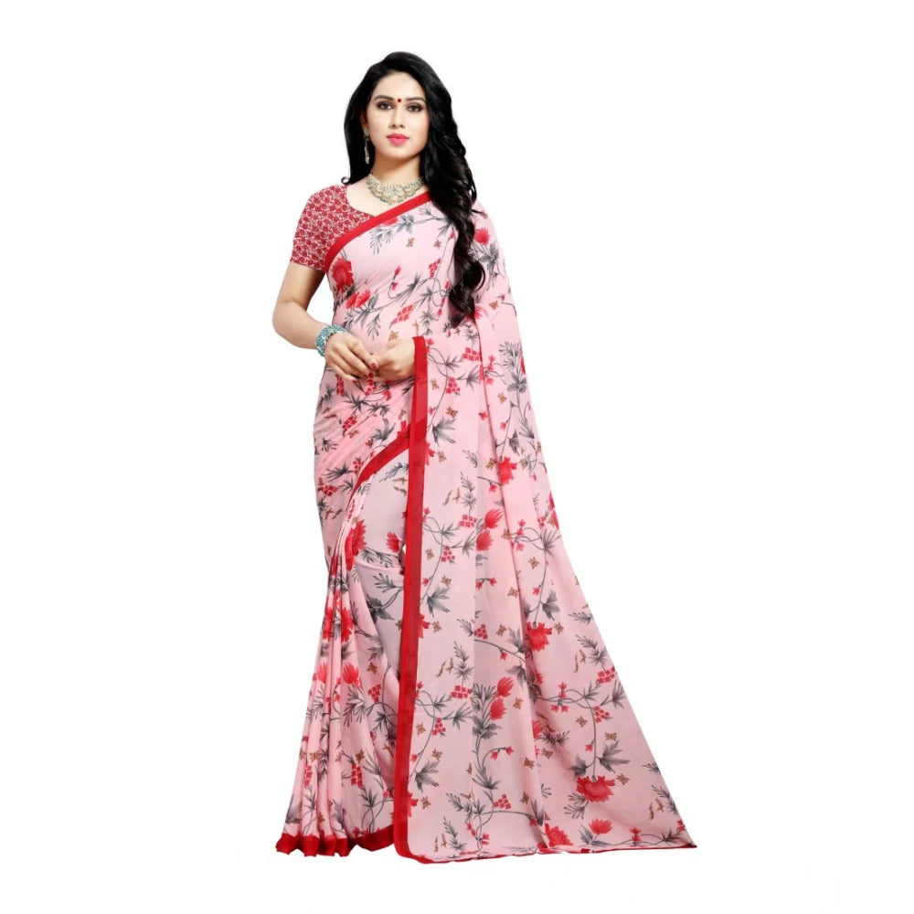Women's Georgette Printed Saree With Unstitched Blouse 5.5Mtr (Peach)