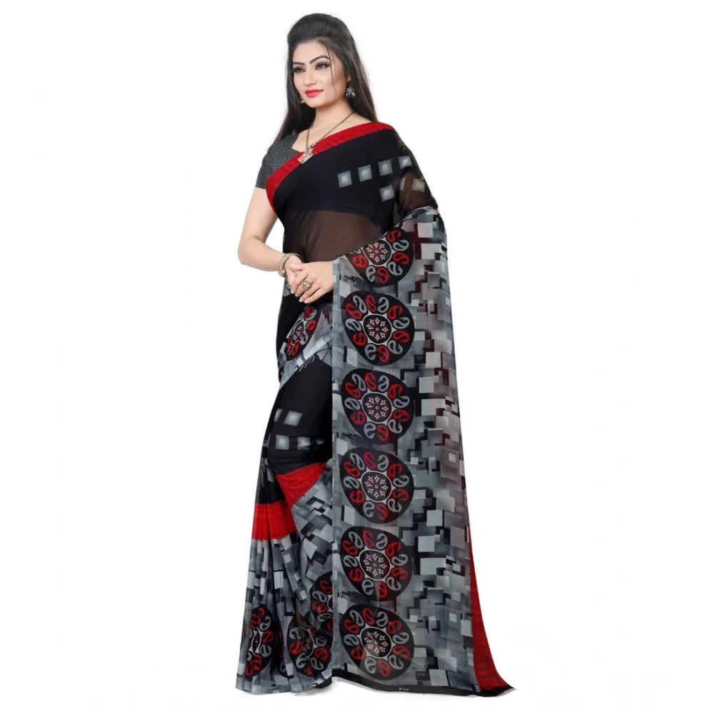 Women's Georgette Printed Saree With Unstitched Blouse 5.5Mtr (Black)