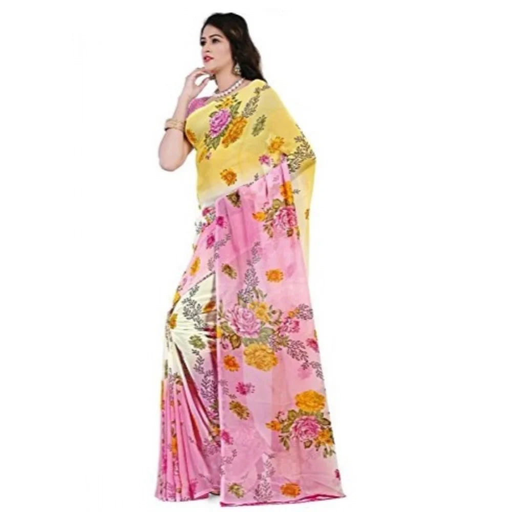 Women's Faux Georgette Printed Saree With Unstitched Blouse 5.5Mtr (Pink)