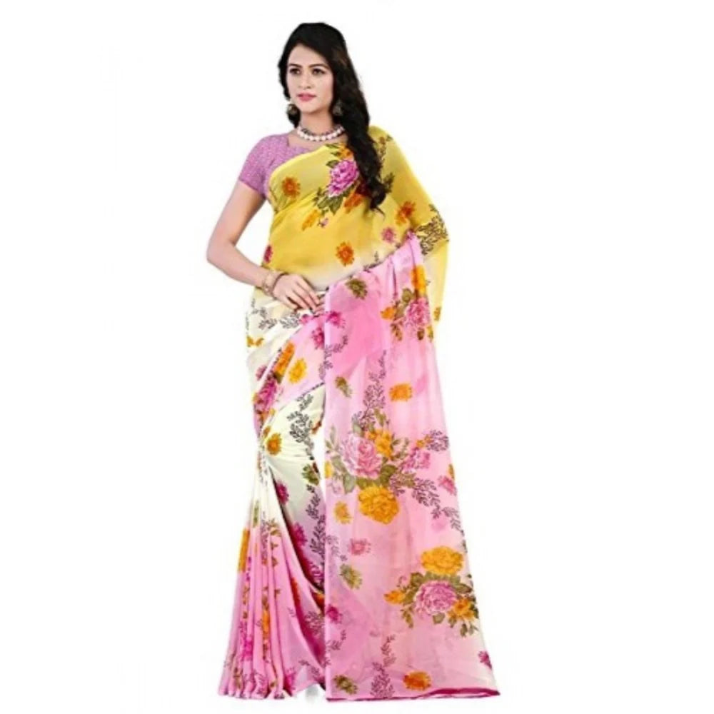 Women's Faux Georgette Printed Saree With Unstitched Blouse 5.5Mtr (Pink)