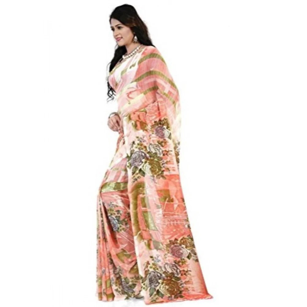 Women's Faux Georgette Printed Saree With Unstitched Blouse 5.5Mtr (Orange)