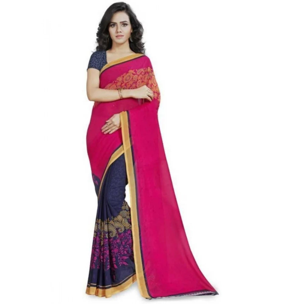 Women's Faux Georgette Printed Saree With Unstitched Blouse 5.5Mtr (Pink)
