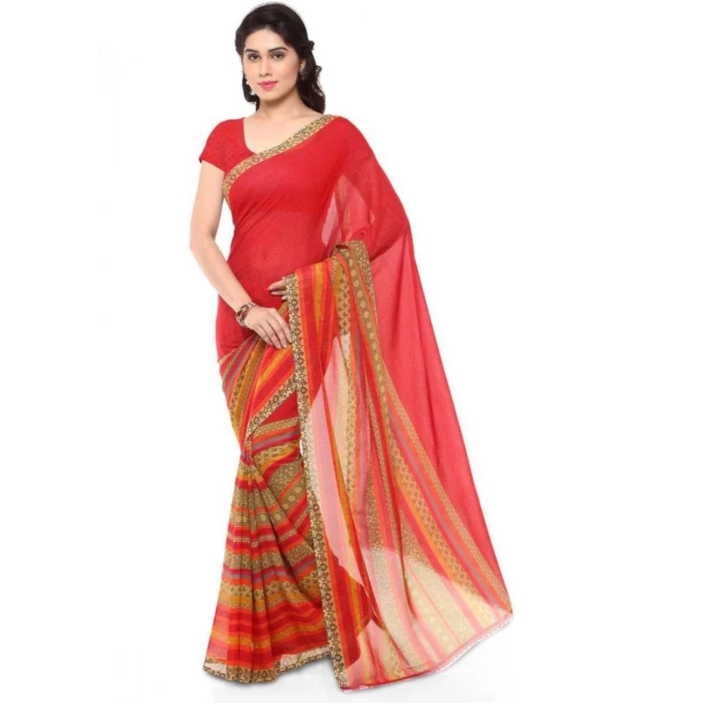 Women's Faux Georgette Printed Saree With Unstitched Blouse 5.5Mtr (Red)