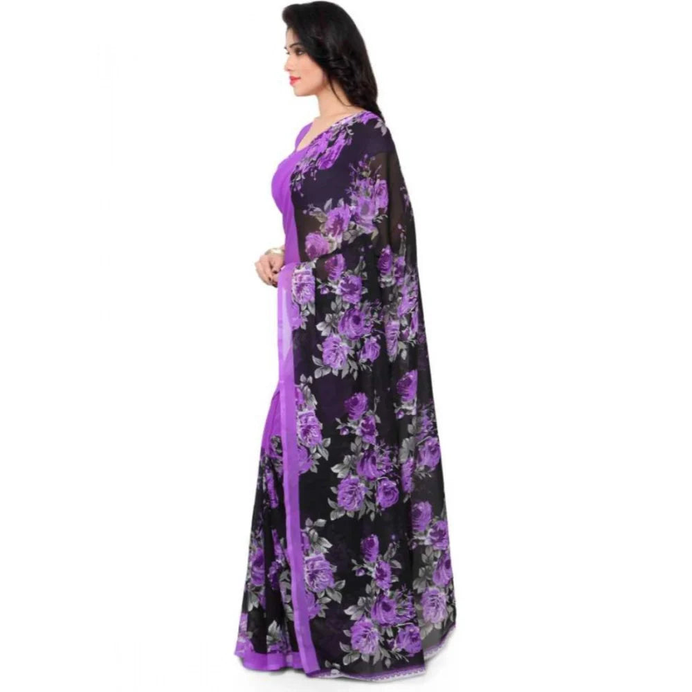 Women's Faux Georgette Printed Saree With Unstitched Blouse 5.5Mtr (Purple)