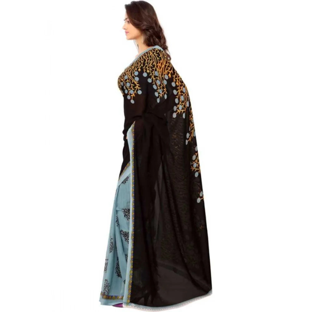 Women's Faux Georgette Printed Saree With Unstitched Blouse 5.5Mtr (Brown)