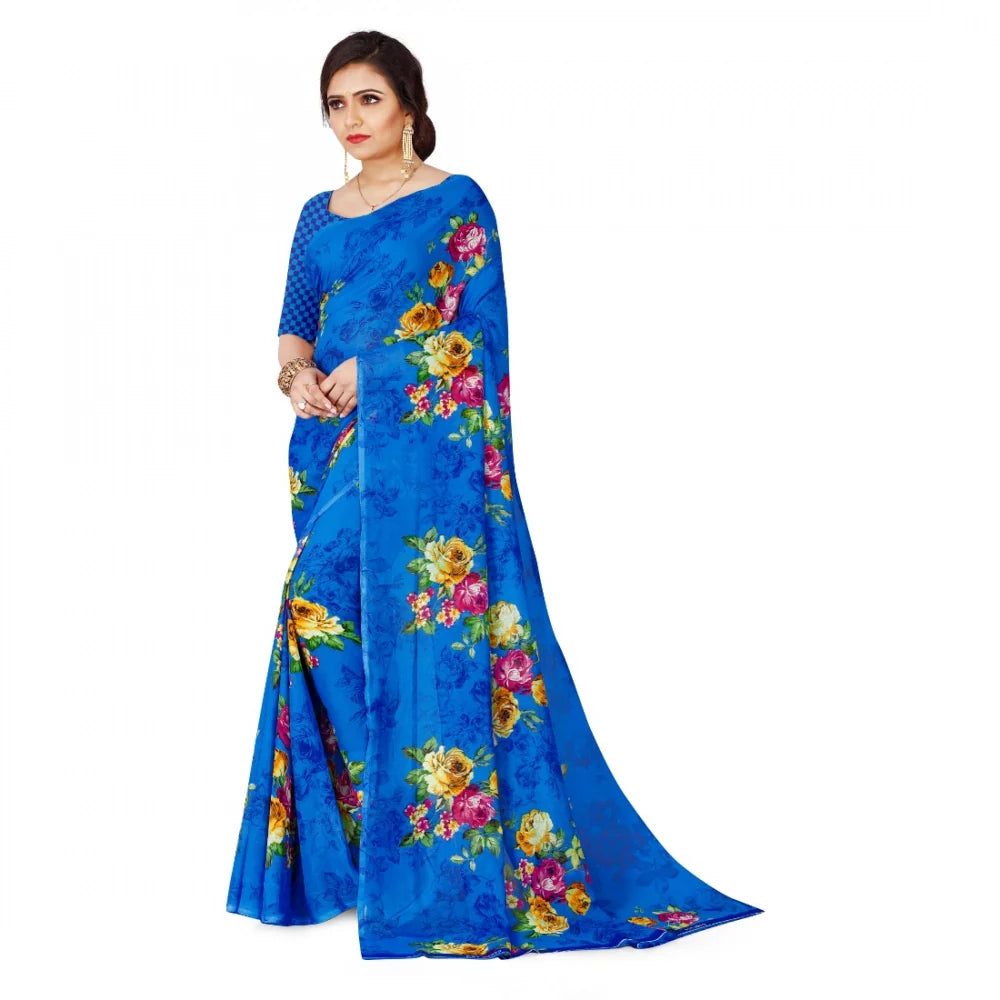 Women's Faux Georgette Printed Saree With Unstitched Blouse 5.5Mtr (Blue)
