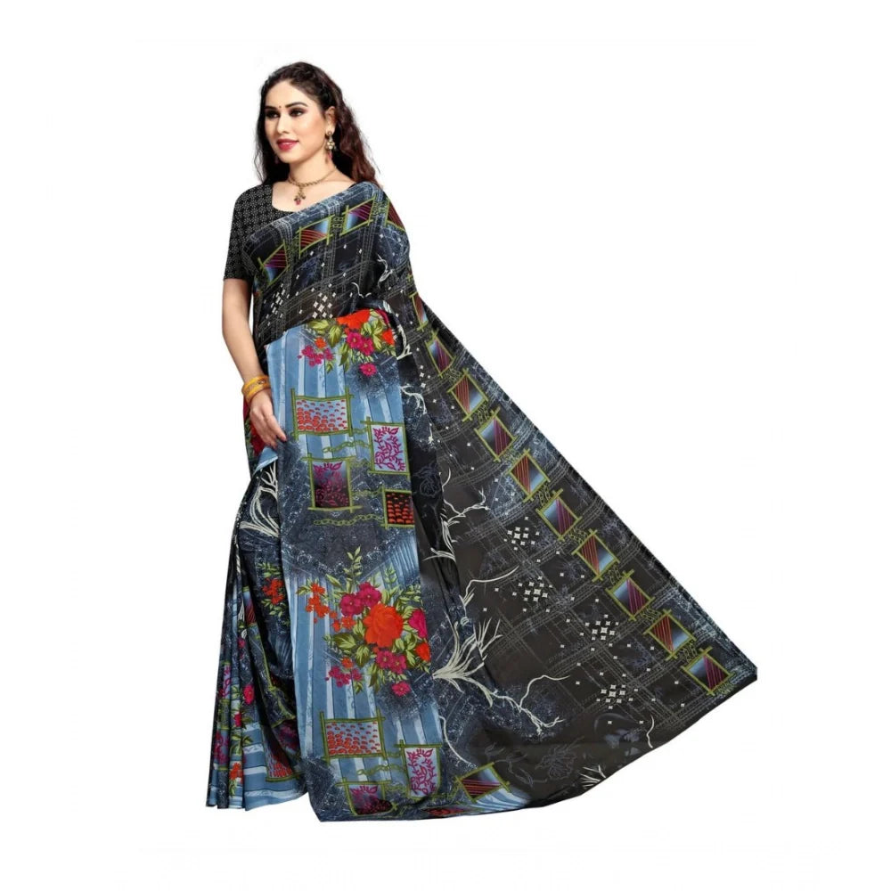 Women's Georgette Printed Saree With Unstitched Blouse 5.5Mtr (Blue)