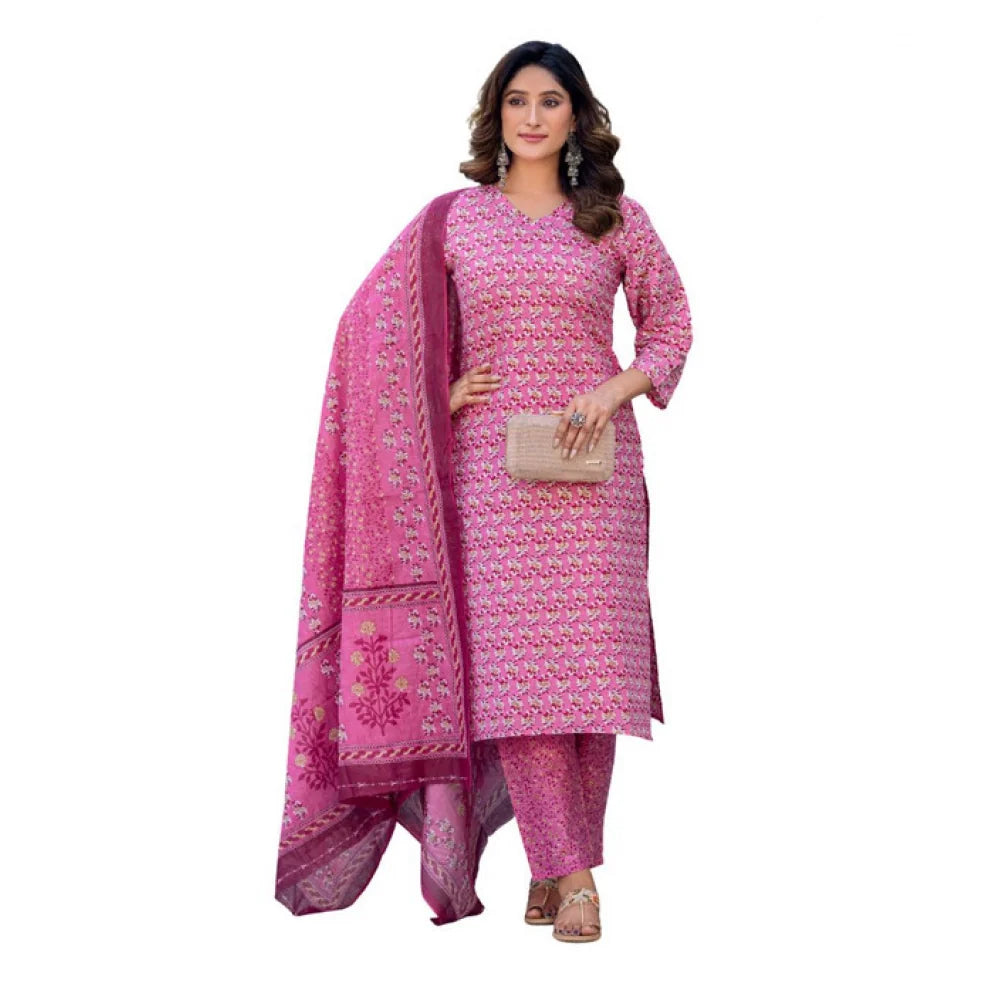 Women's Cotton Blend Printed Kurti With Pant Dupatta Set (Pink)