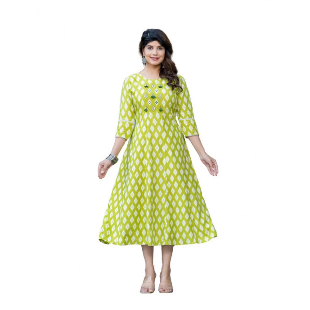 Women's Rayon Print With Embroidery Work A-Line Kurti (Parrot)