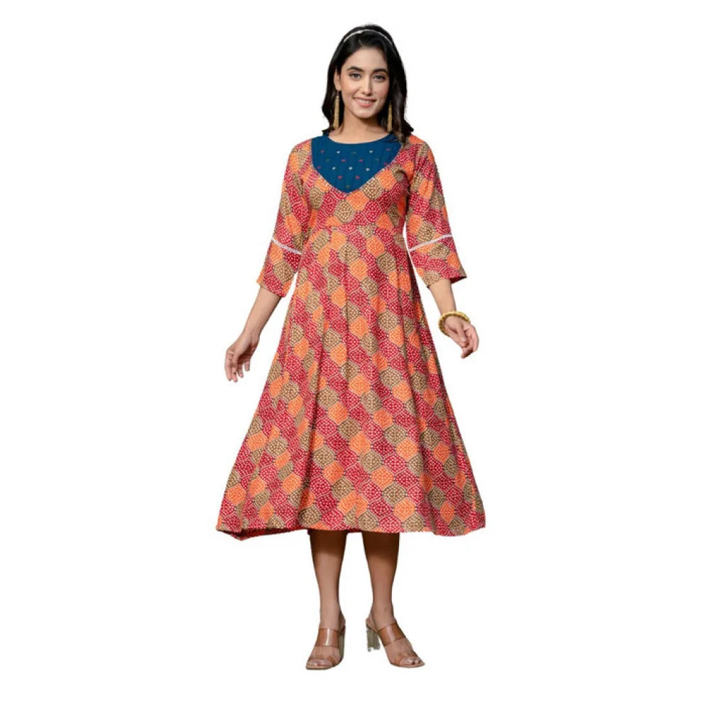 Women's Rayon Print With Embroidery Work A-Line Kurti (Multicolor)