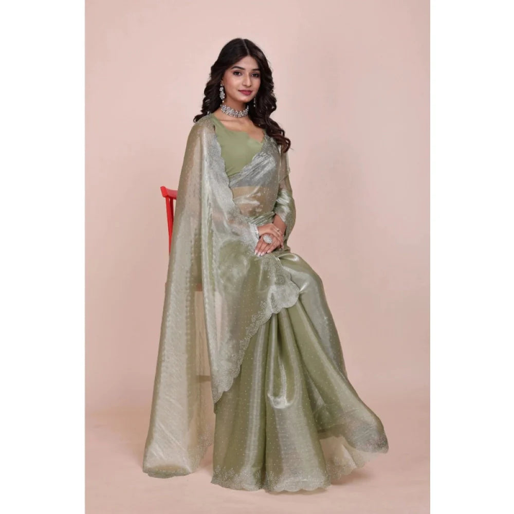 Women's Jimmy choo Embellished Bollywood Saree With Unstitched Blouse 5.5Mtr (Light Green)