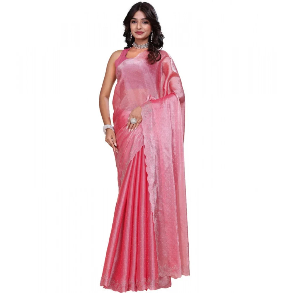 Women's Jimmy choo Embellished Bollywood Saree With Unstitched Blouse 5.5Mtr (Pink)