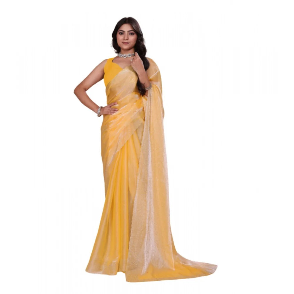 Women's Jimmy choo Embellished Bollywood Saree With Unstitched Blouse 5.5Mtr (Yellow)