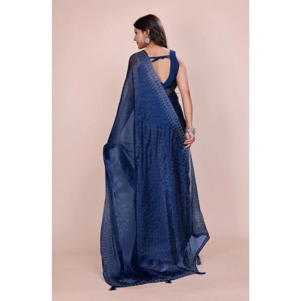 Women's Jimmy choo Embellished Bollywood Saree With Unstitched Blouse 5.5Mtr (Blue)