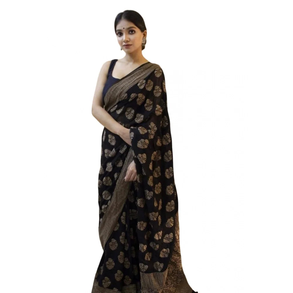 Women's Soft Litchi Silk Jacquard Work Saree With Unstitched Blouse 5.5Mtr (Black)