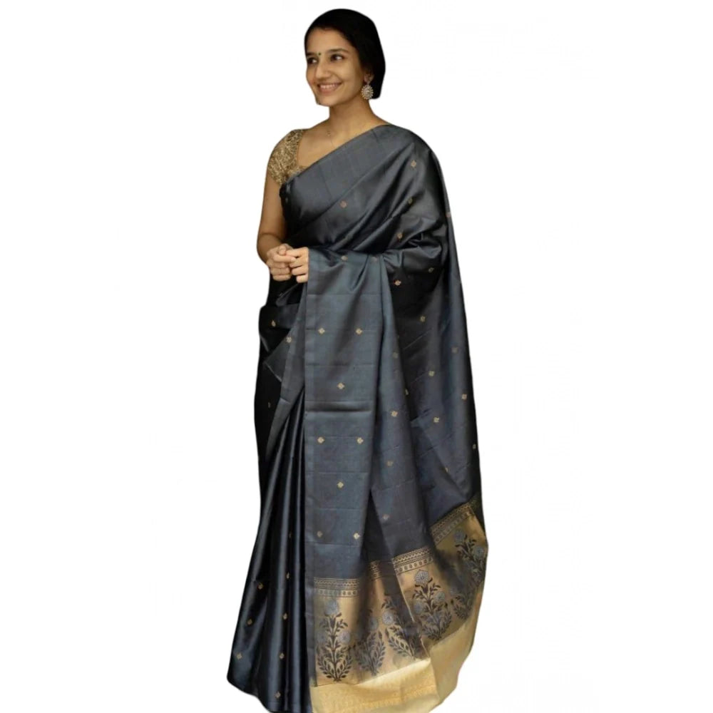 Women's Soft Litchi Silk Jacquard Work Saree With Unstitched Blouse 5.5Mtr (Gray)