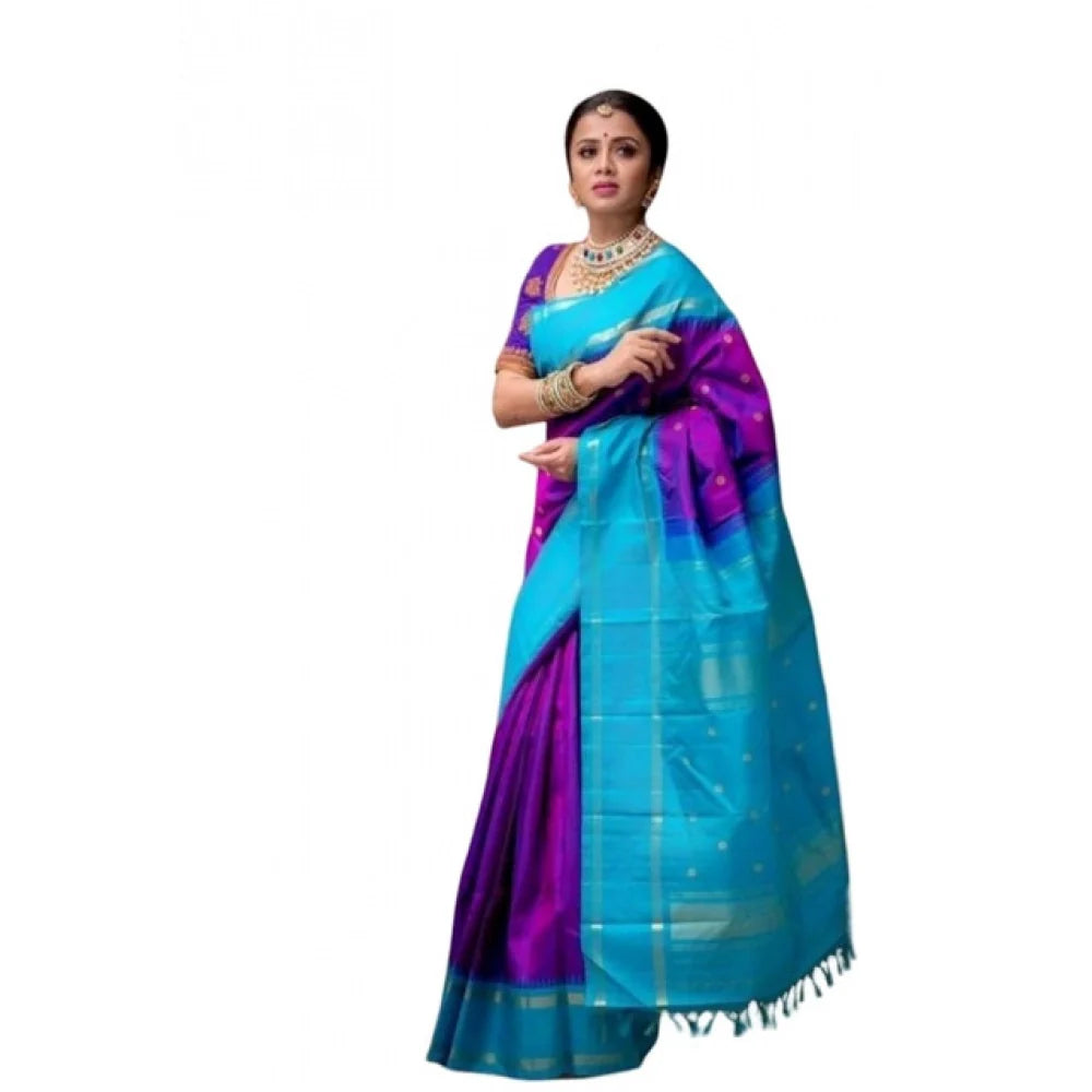 Women's Soft Litchi Silk Jacquard Work Saree With Unstitched Blouse 5.5Mtr (Purple)