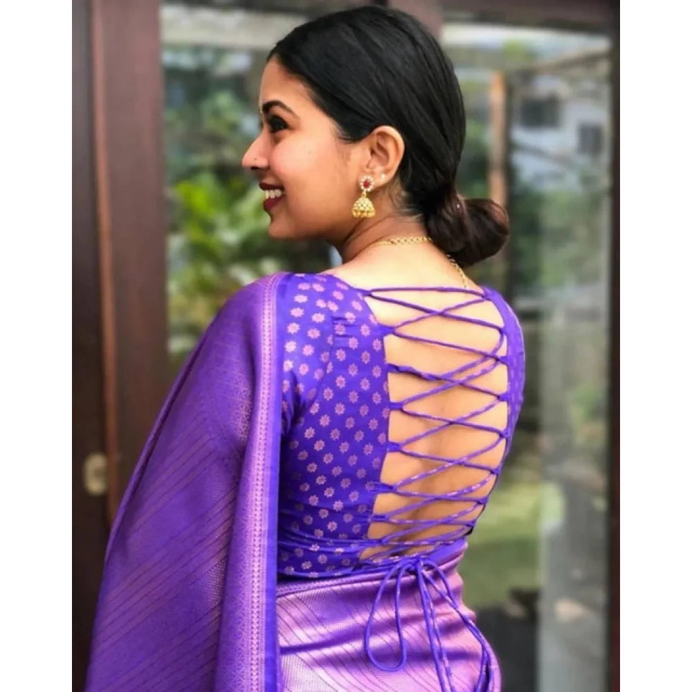 Women's Litchi silk Printed Saree With Unstitched Blouse (Purple)