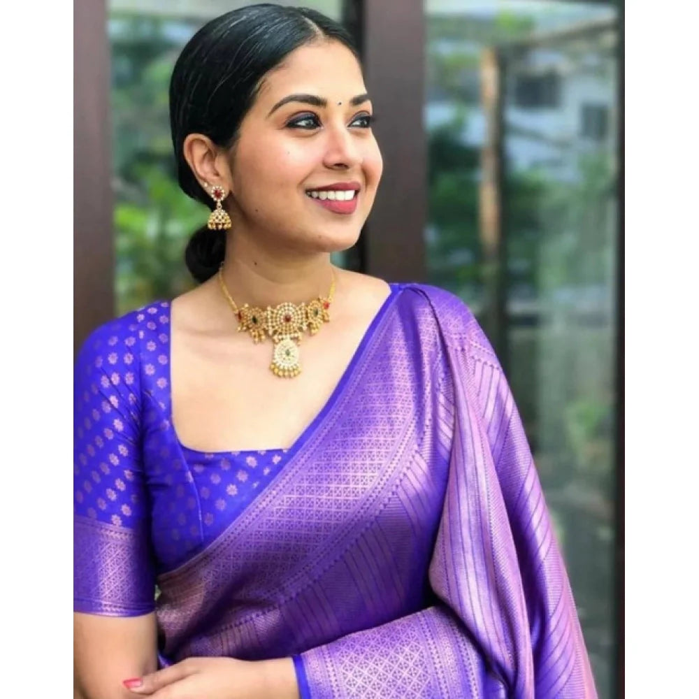 Women's Litchi silk Printed Saree With Unstitched Blouse (Purple)