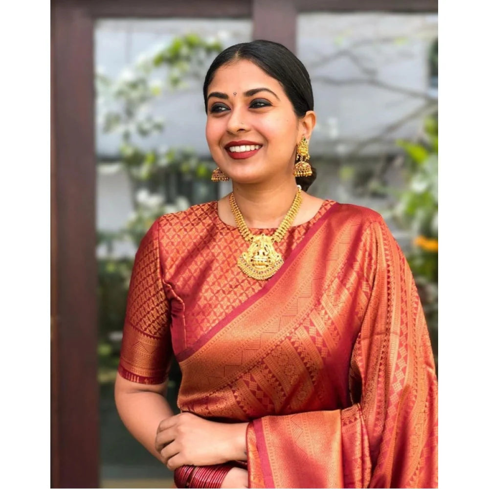 Women's Litchi silk Printed Saree With Unstitched Blouse (Red)