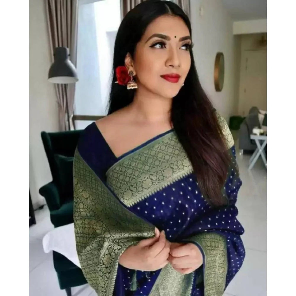 Women's Litchi silk Printed Saree With Unstitched Blouse (Blue)