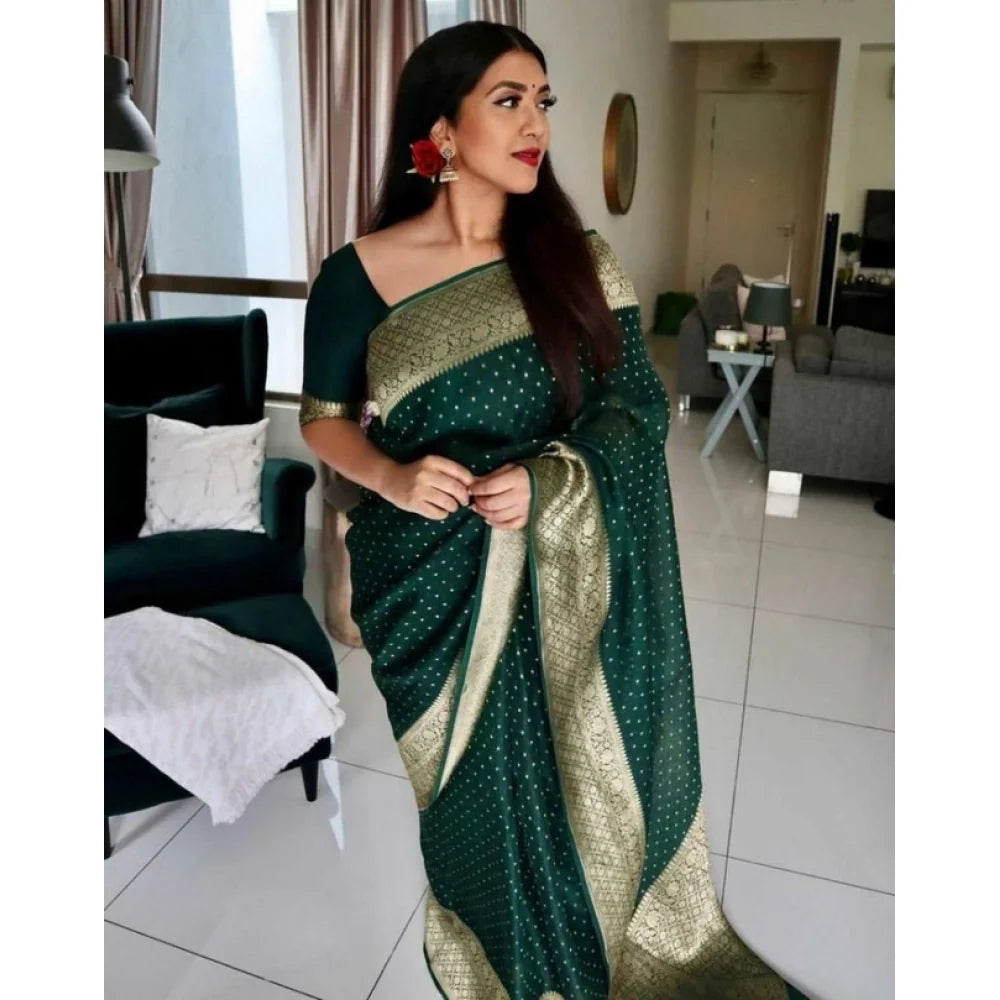 Women's Litchi silk Printed Saree With Unstitched Blouse (Green)