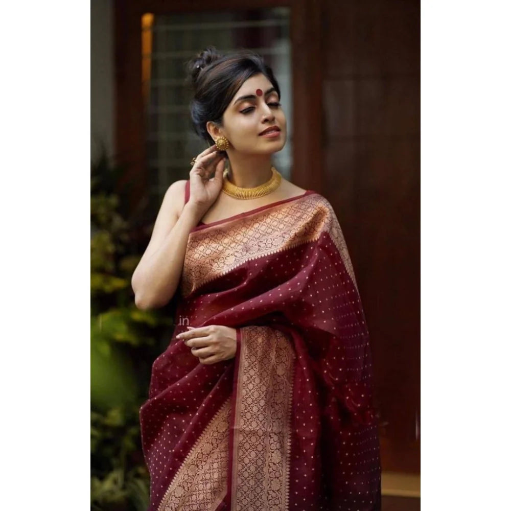 Women's Litchi silk Printed Saree With Unstitched Blouse (Maroon)