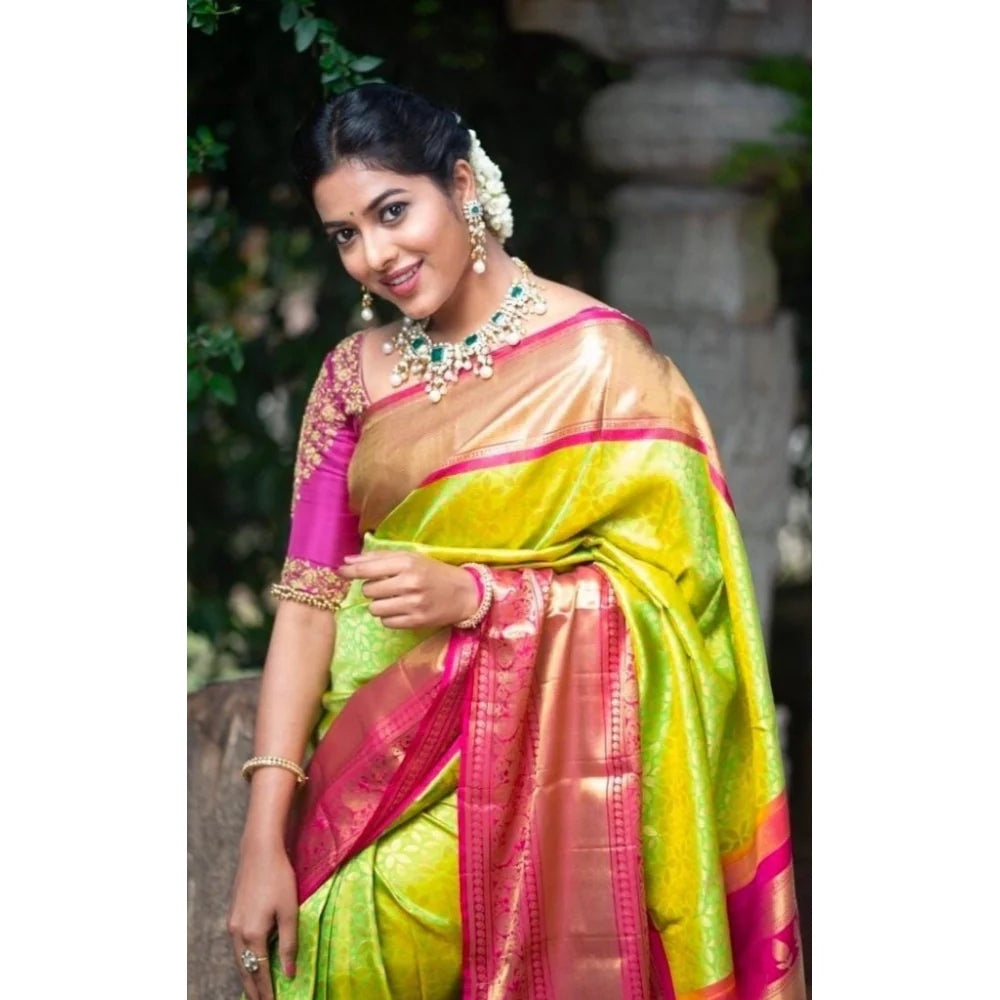Women's Litchi silk Printed Saree With Unstitched Blouse (Green)