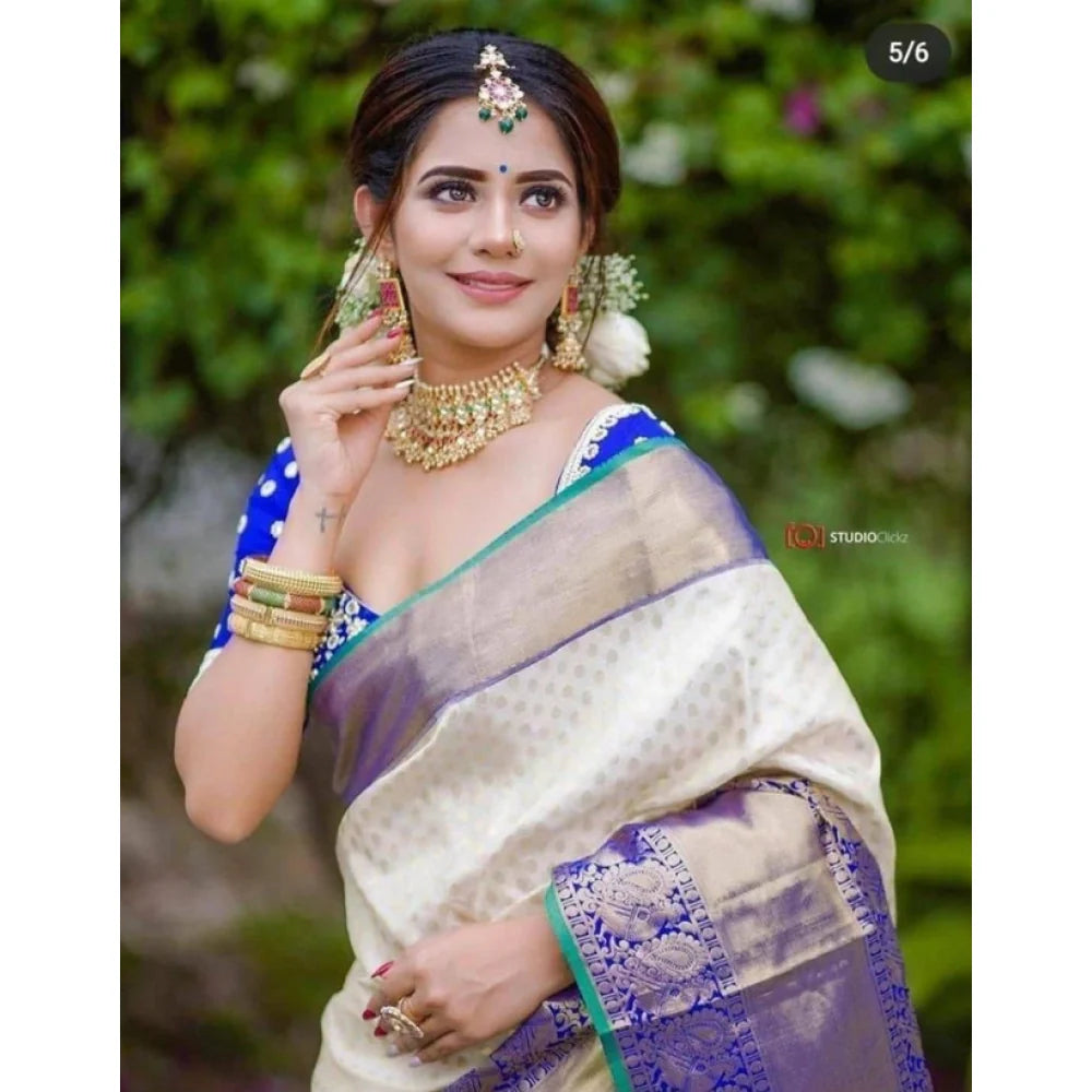 Women's Litchi silk Printed Saree With Unstitched Blouse (Off White)