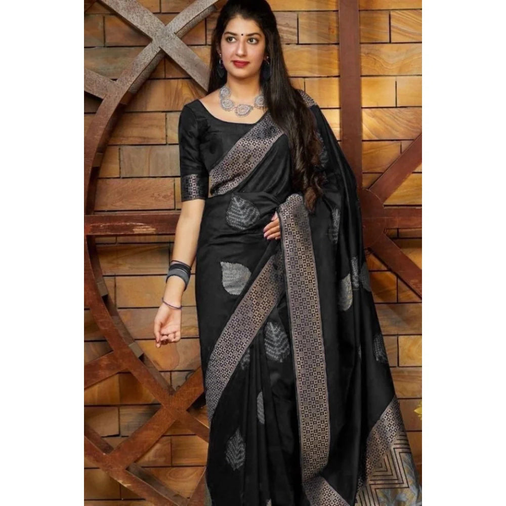 Women's Litchi silk Printed Saree With Unstitched Blouse (Black)