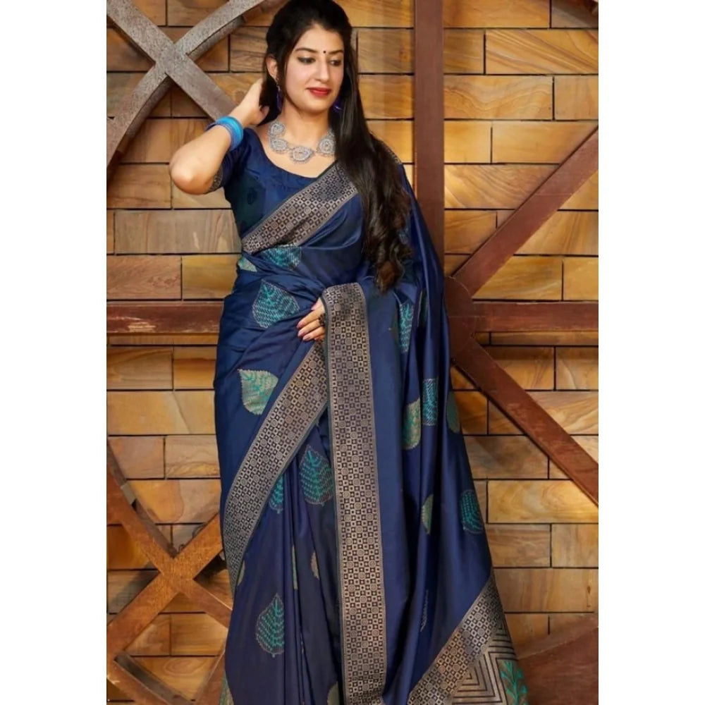 Women's Litchi silk Printed Saree With Unstitched Blouse (Blue)