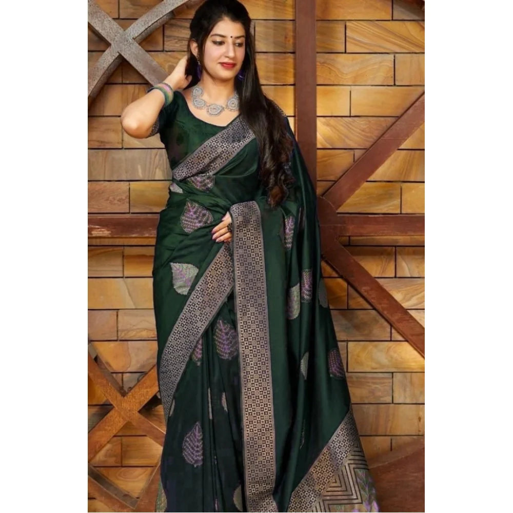 Women's Litchi silk Printed Saree With Unstitched Blouse (Green)