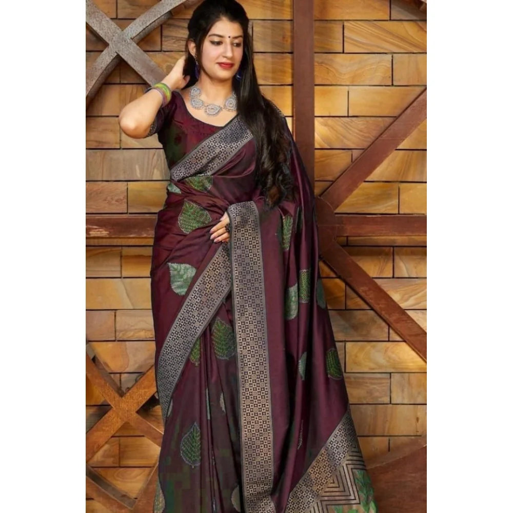 Women's Litchi silk Printed Saree With Unstitched Blouse (Maroon)