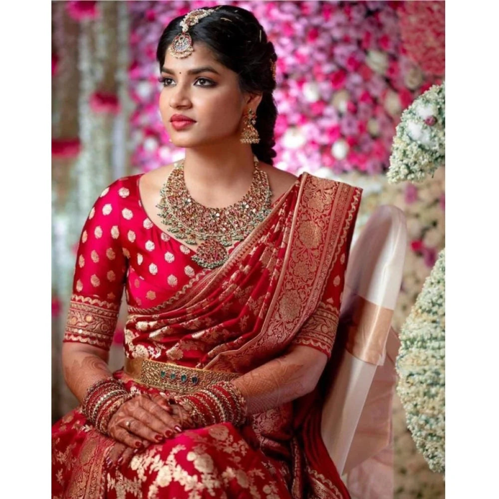 Women's Litchi silk Printed Saree With Unstitched Blouse (Red)