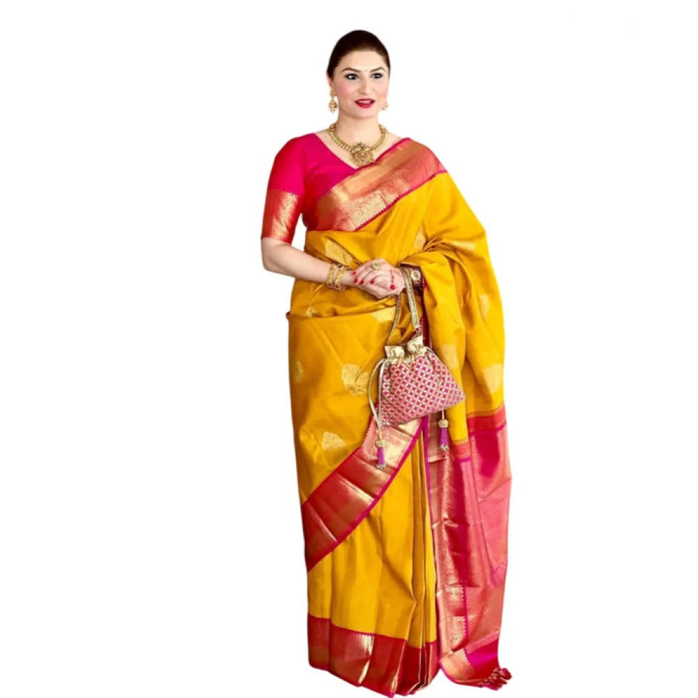 Women's Litchi silk Printed Saree With Unstitched Blouse (Yellow)