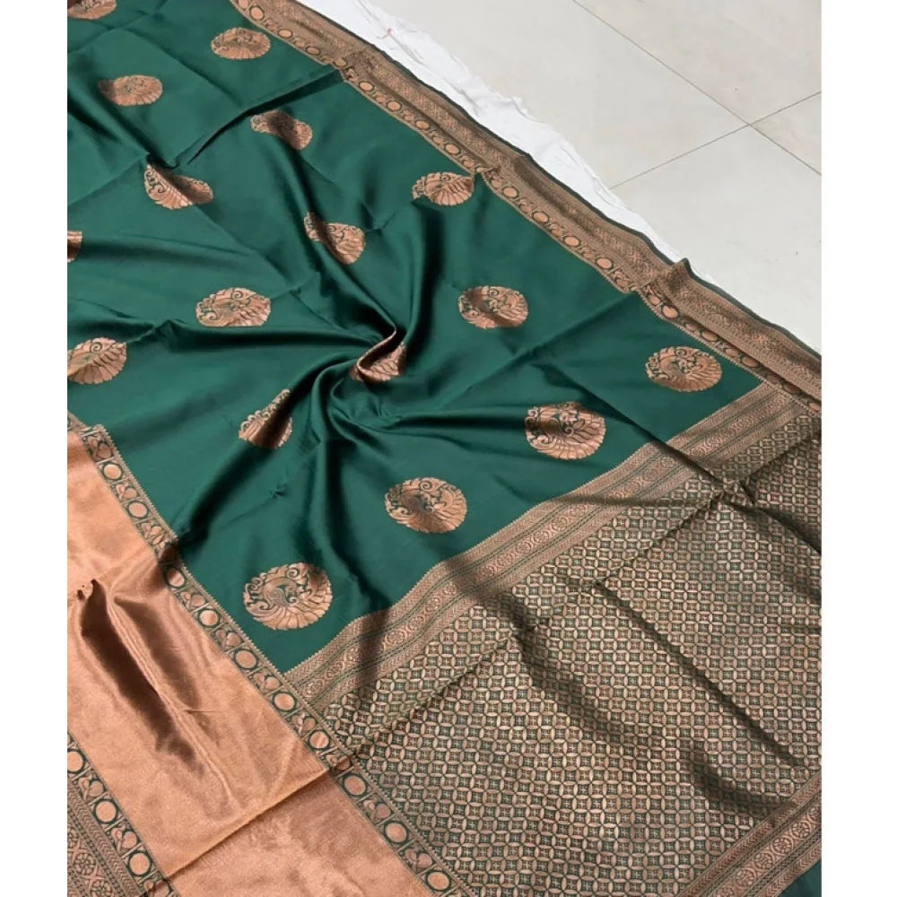 Women's Litchi silk Printed Saree With Unstitched Blouse (Green)