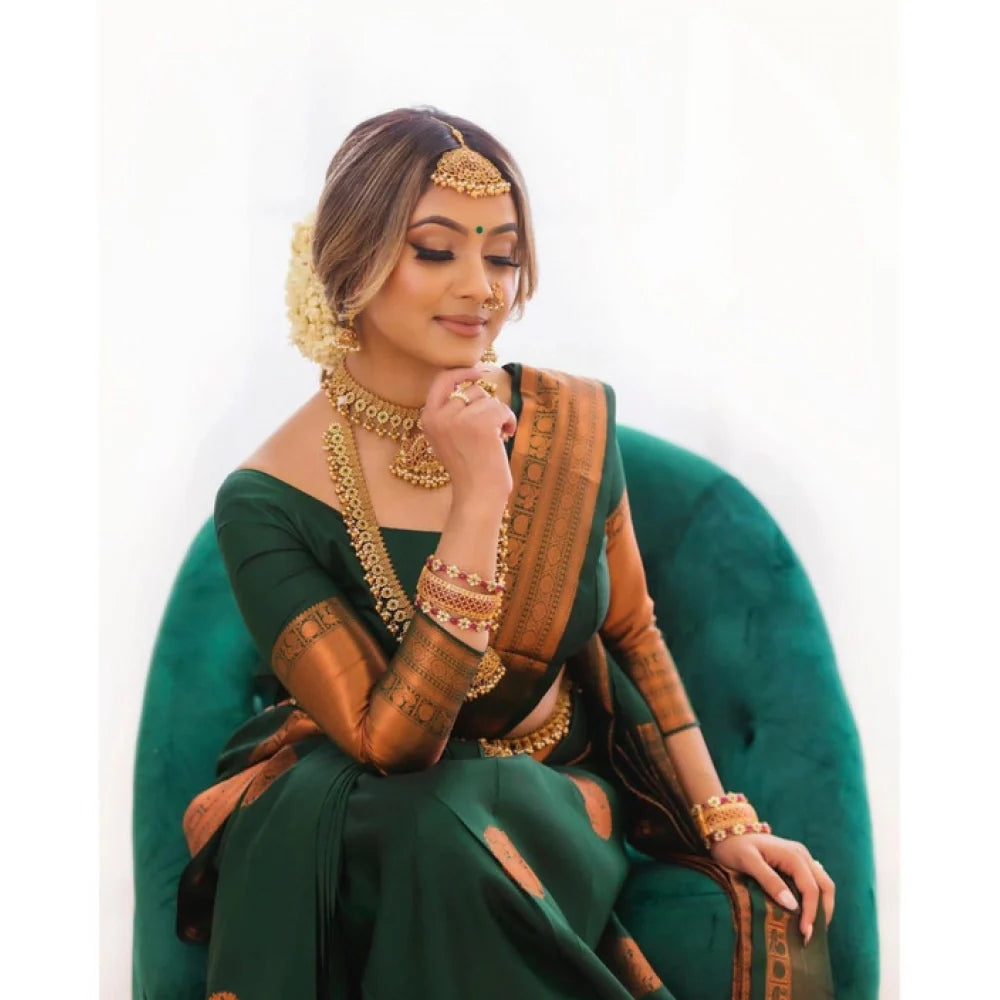 Women's Litchi silk Printed Saree With Unstitched Blouse (Green)