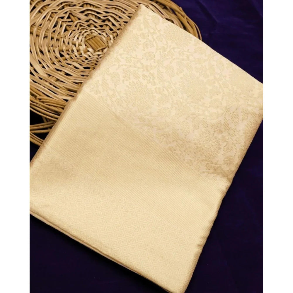 Women's Litchi silk Printed Saree With Unstitched Blouse (Gold)