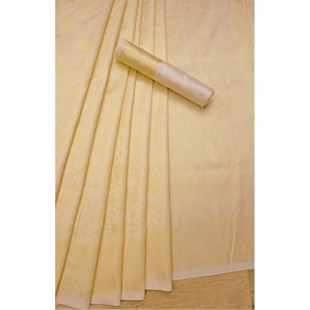 Women's Litchi silk Printed Saree With Unstitched Blouse (Gold)