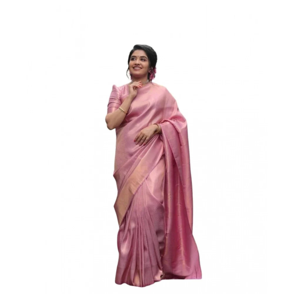 Women's Soft Litchi Silk Jacquard Work Saree With Unstitched Blouse 5.5Mtr (Pink)