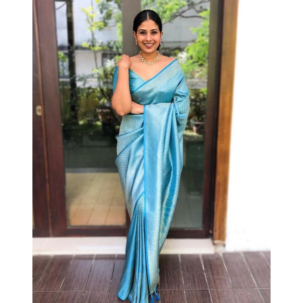 Women's Litchi silk Printed Saree With Unstitched Blouse (Sky Blue)