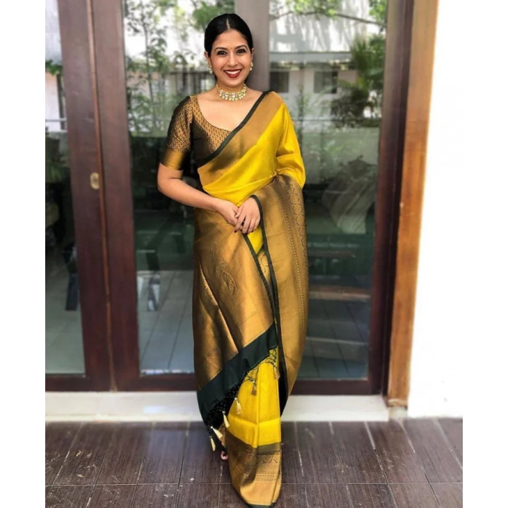 Women's Litchi silk Printed Saree With Unstitched Blouse (Yellow)