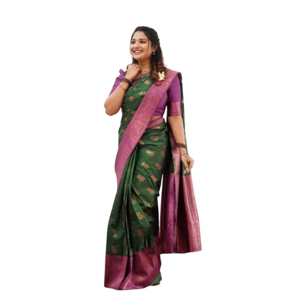 Women's Litchi silk Printed Saree With Unstitched Blouse (Green)