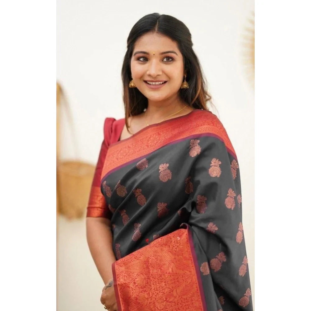 Women's Litchi silk Printed Saree With Unstitched Blouse (Grey)