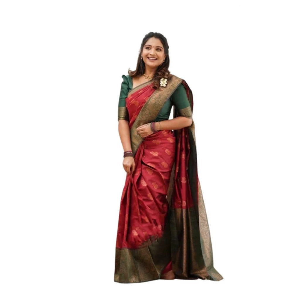 Women's Litchi silk Printed Saree With Unstitched Blouse (Red)