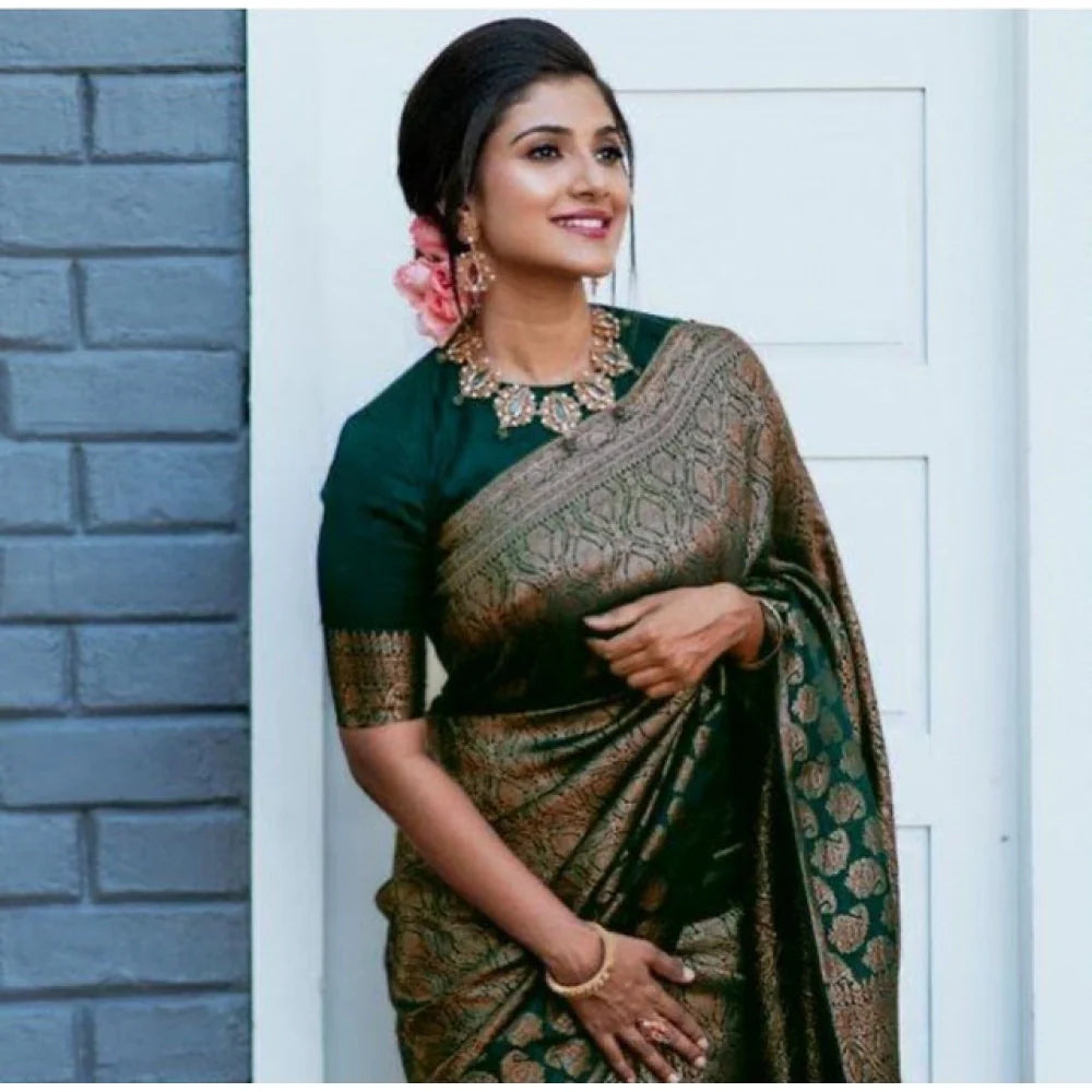 Women's Litchi silk Printed Saree With Unstitched Blouse (Green)