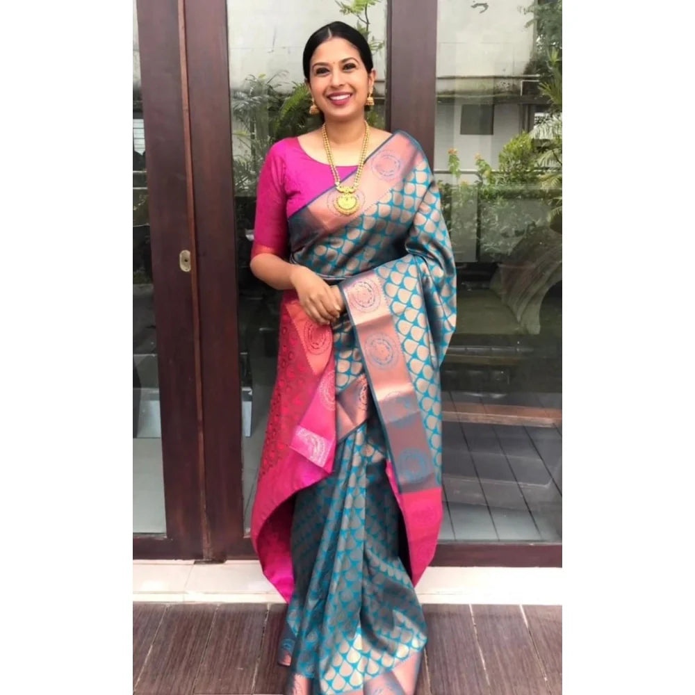 Women's Litchi silk Printed Saree With Unstitched Blouse (Blue)