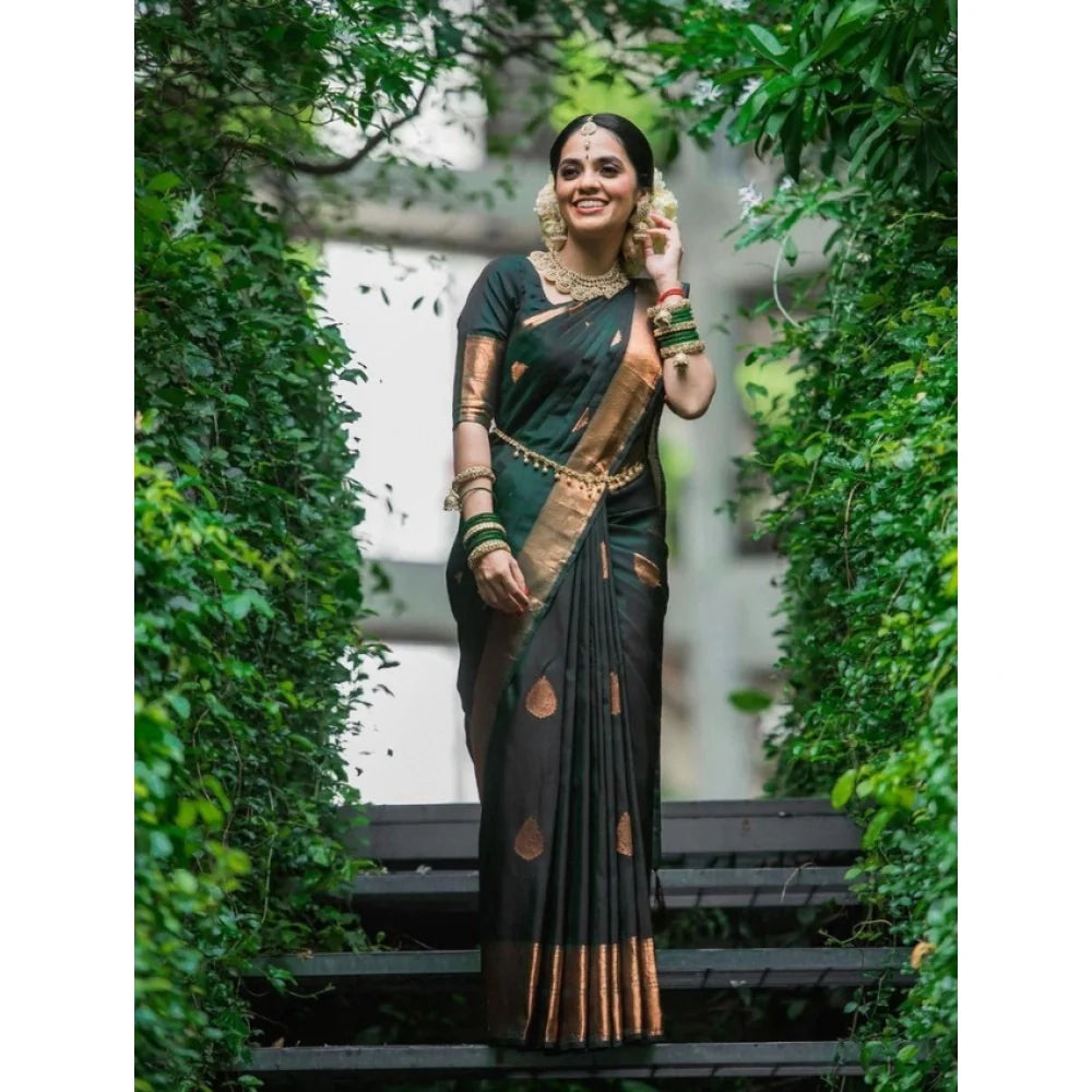 Women's Litchi silk Printed Saree With Unstitched Blouse (Green)