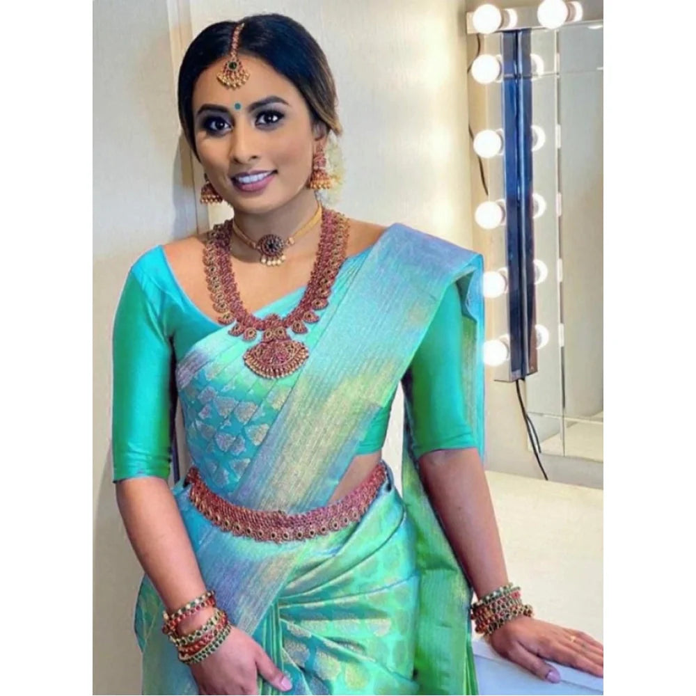 Women's Litchi silk Printed Saree With Unstitched Blouse (Green)