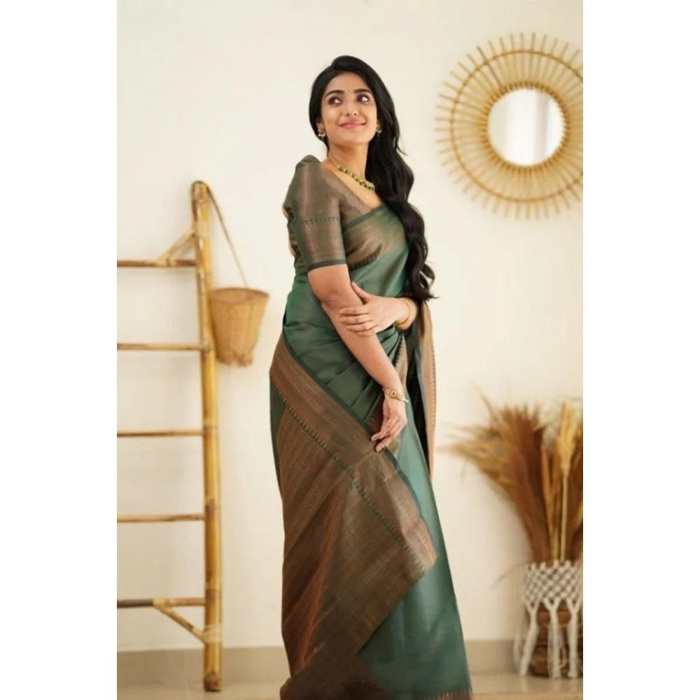Women's Litchi silk Printed Saree With Unstitched Blouse (Green)